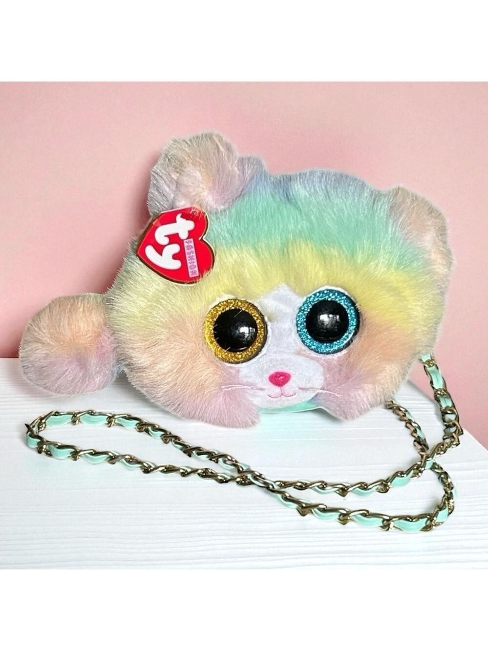 Ty Fashion Heather Cat Mini Purse in Rainbow Faux Fur with Chain Strap
